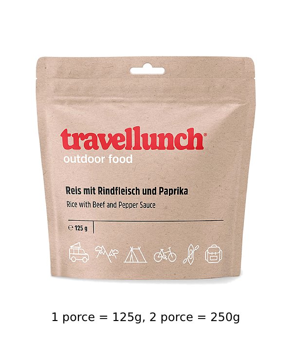 TravelLunch Hlavní jídlo - Pikantní hovězí s rýží a zeleninou dvojporce, dvojporce, Pikantní hovězí s rýží a zeleninou